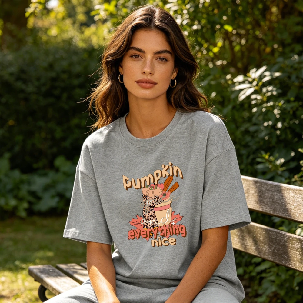 Pumpkin And Everything Nice Summer Women Cotton T-Shirt Maple Leaf Latte Leopard Print Fall Cute Letter Short Sleeve Wear