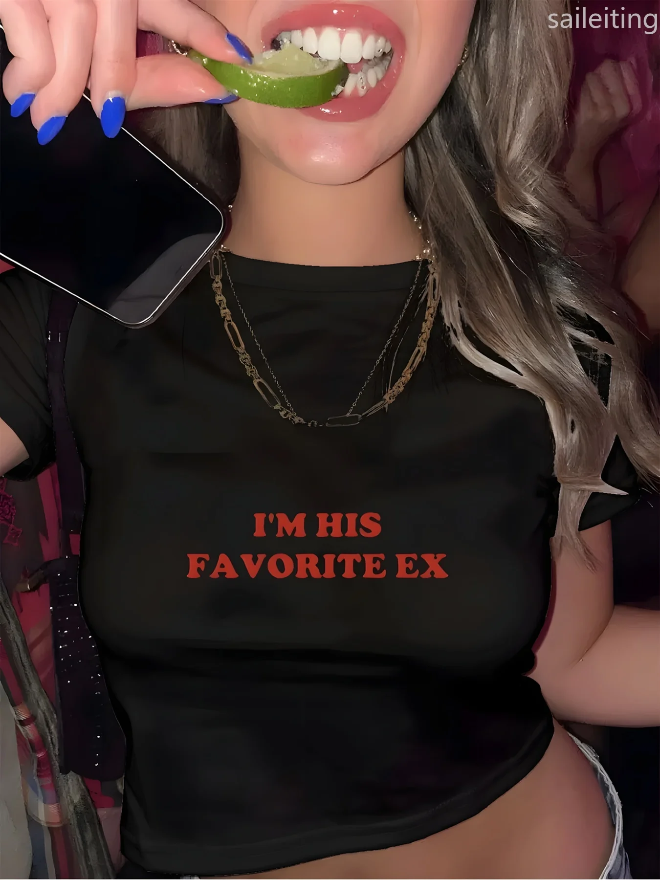 Women'S Streetwear Graphic Tee - "I'm His Favorite Ex" Red Lettering on Black Summer Short Sleeved Harajuku Streetwear Tops Tees