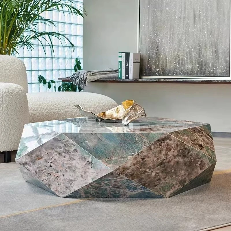 

Deluxe dining table, agate green stone slab, irregular stone round luxury dining table