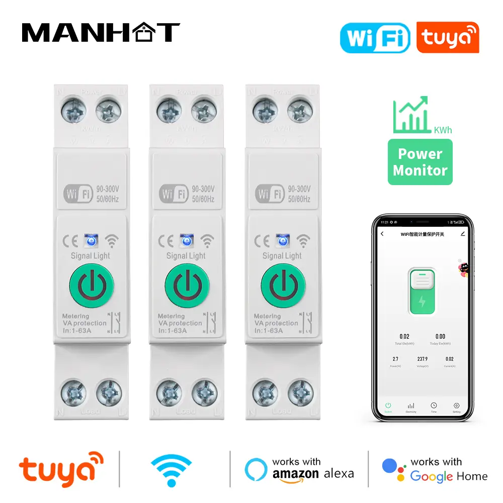1-63a 1p + n tuya wifi interruptor de circuito inteligente kwh medição temporizador relé mcb tensão corrente proteger alexa google casa alice