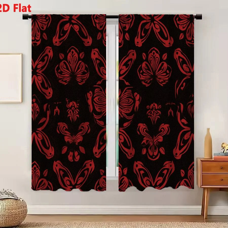 2Pcs Curtains 2D Flat Seamless Red And Maroon Insect Floral Pattern On Black Background Window Drapes for Bedroom Room Decor Dec