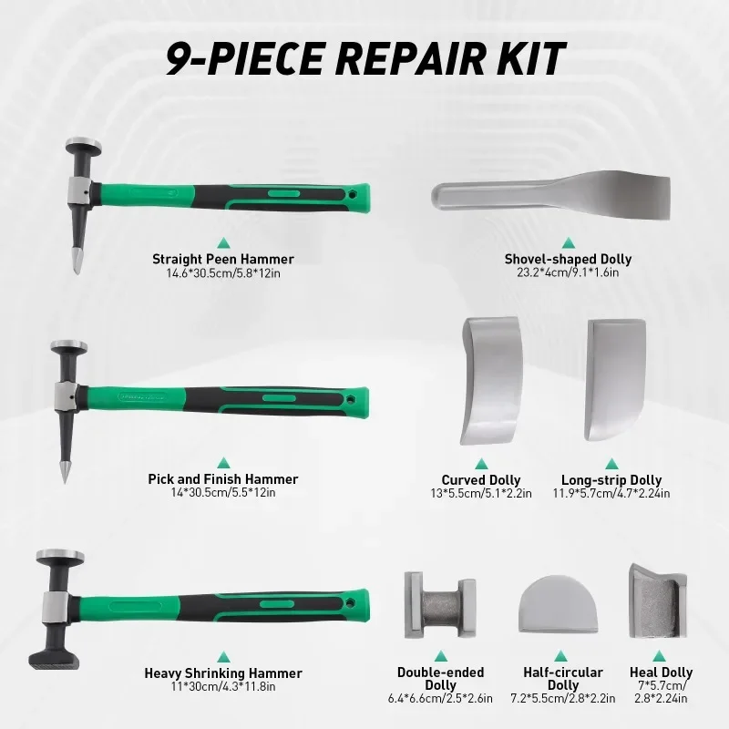 9-teiliges Auto-Karosserie-Panel-Kotflügel-Hammer-Dolly-Set, Hammer-Dolly-Set mit Metallkörper, Dent-Brecheisen-Reparaturwerkzeuge, für die automatische/mechanische Reparatur