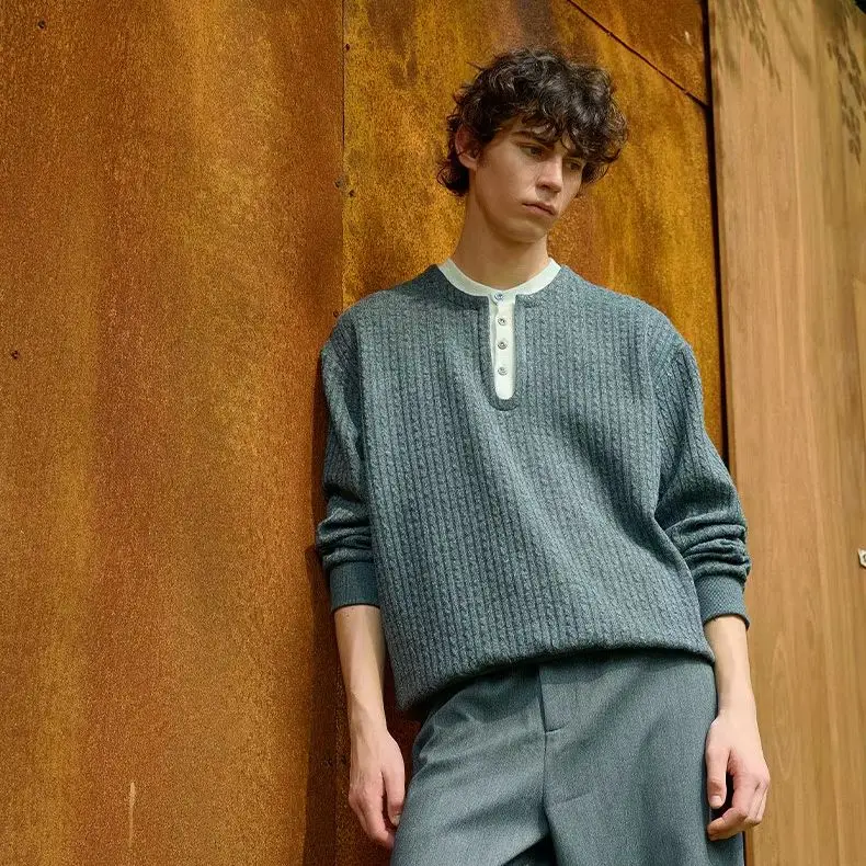 Striped Henry collar fake two T-shirts men's long sleeve casual cashmere knitted bottoming shirt