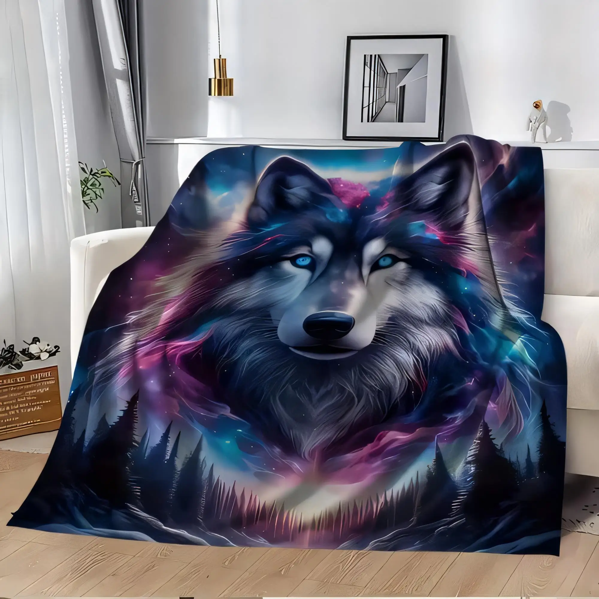 Vibrant Wolf Blanket Soft Cosmic Throw Cozy Sofa Cover with Blue Purple Pink Illustration, Nature-Themed Decorative Blanket, Per