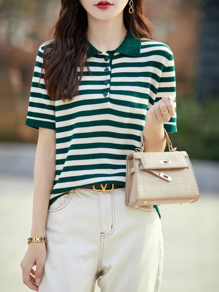 2024 New Style Summer 100% Cotton T-shirt Women Clothing POLO Neck Short Sleeve T-shirts Female Striped Casual Shirt Tops