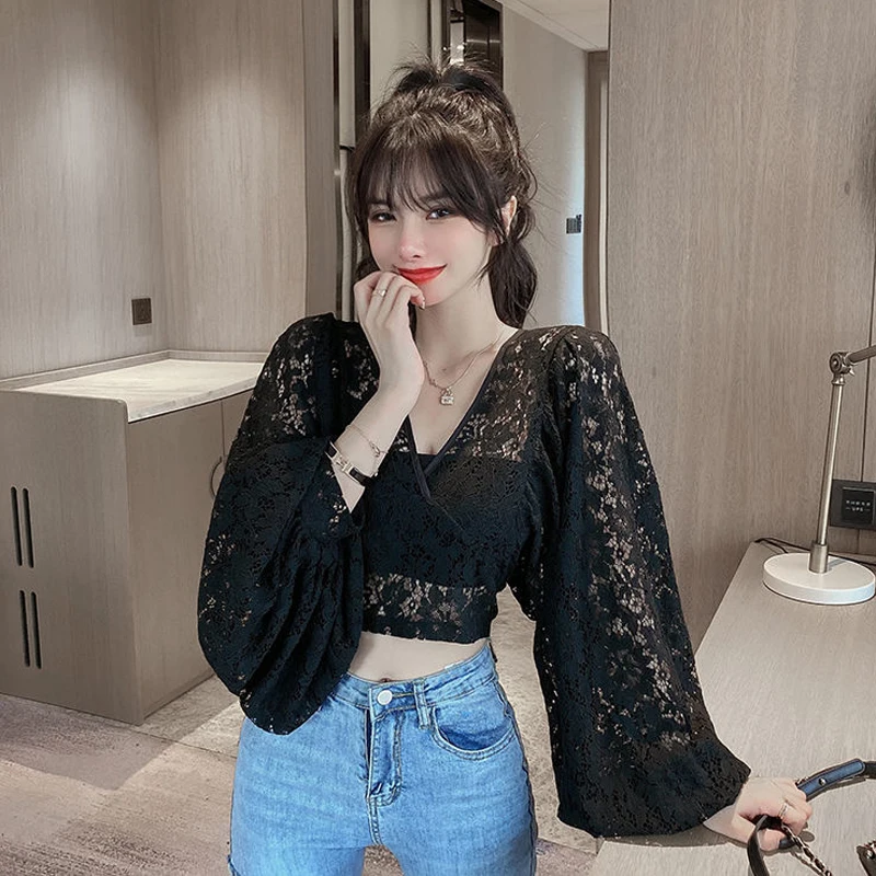 Sexy Lace Hollow Out Blouse Women Summer V-Neck Puff Sleeve Backless Tops Casual Korean Slim Lace Up Solid White Crop Tops