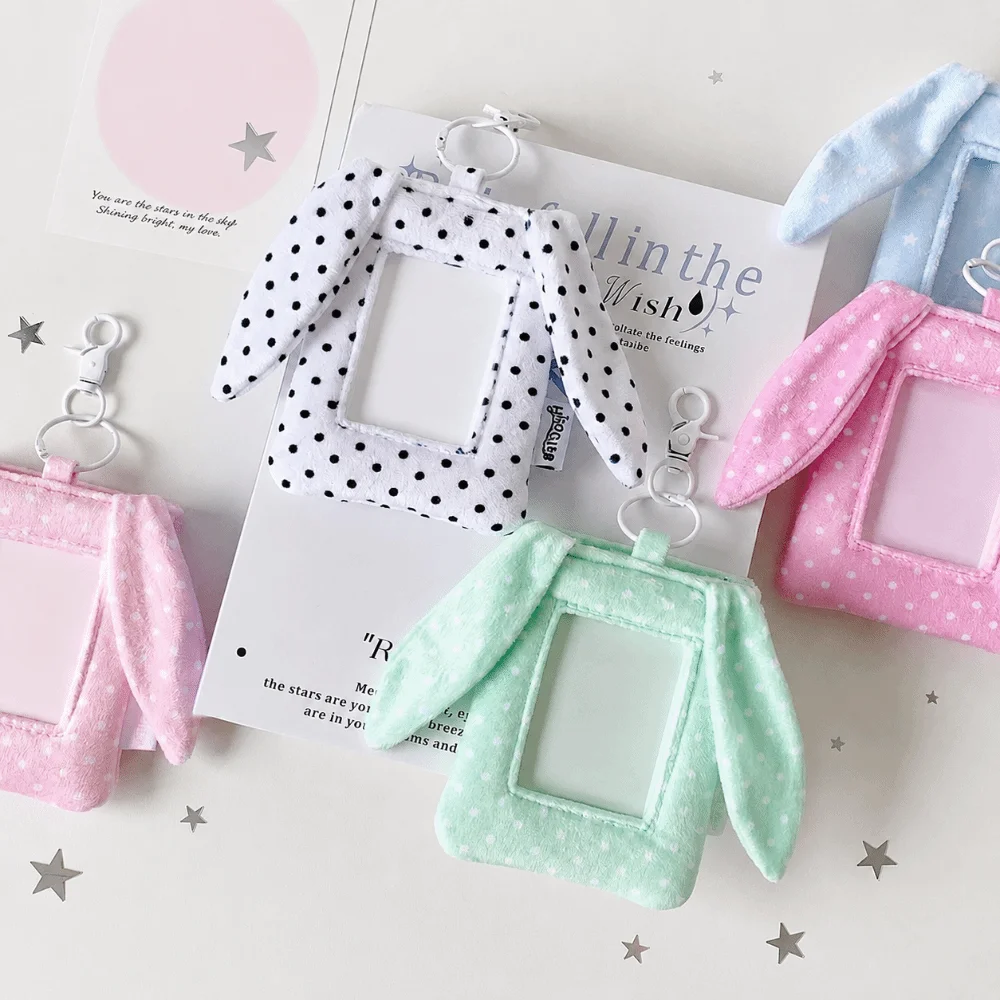 Cute Polka Dot Photocard Display Case Bunny Ear Pendant 3 Inch Card Holder Pouch Clear Window Hanging Loop Badge Holder