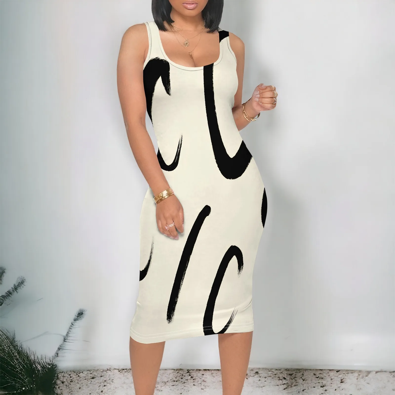 

Brushstroke Print Midi Dress S-3XL Sleeveless Square Neck Bodycon Style for Art Gallery, Brunch or Afro Minimalist Look