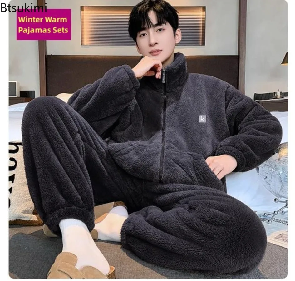 High Quality Men's Pajamas Sets Winter Thickened Warm Zipper Long Sleeve Tops+Pants Nightwear 2-pieces Man Lounge Home Sleepwear
