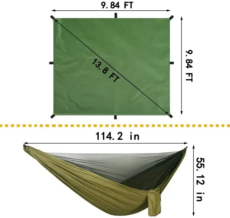 Camping Hängematte mit Bug Net und Überzelt Plane, 118x118in Tragbare Wasserdicht und UV Schutz Hängematte Zelt für Innen, outdoor