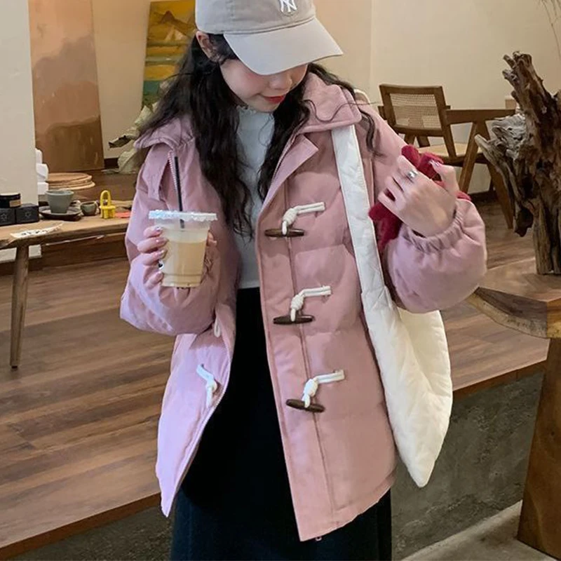 Pink Horn Button Thicken Warm Cotton Coat 2023 Winter Turn-down Collar Zipper Women's Coat Fashion Loose Casual Short Outerwear