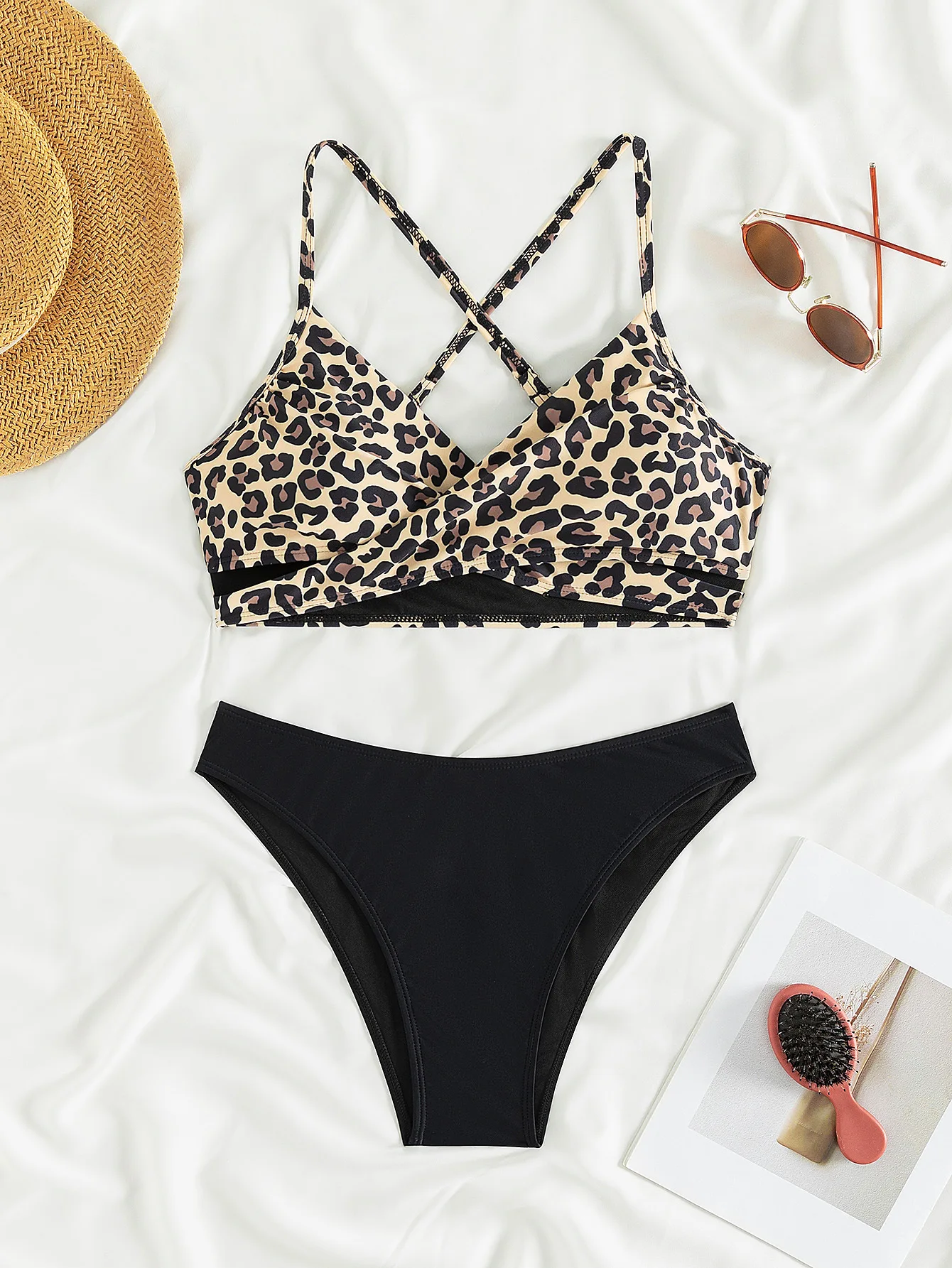 Leopard Patterned Print Bikini Animal Halter Bather Cross 2 Piece Bathing Suit For Women 2024 Trendy