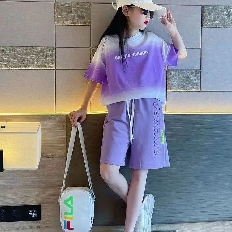 Children Clothes Girl Kids Top and Bottom Clothes Set Purple Gradient Color 2-piece Casual Sports Street Style Suit Loungewear