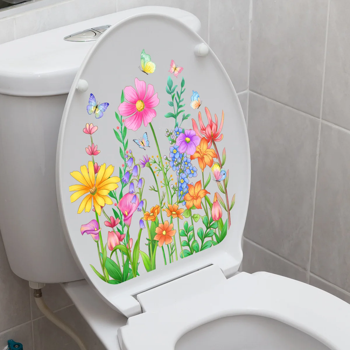 25*30cm Plant Flower Color Flower Toilet Sticker Bathroom Toilet Sticker Barrel Cover Decorative Wall Sticker Wallpaper Ms6314