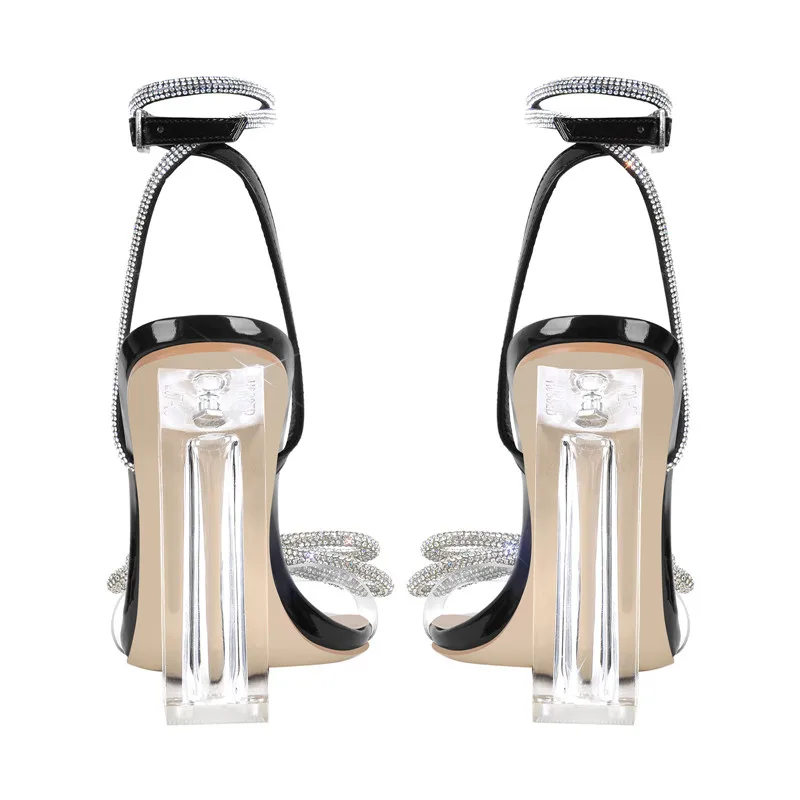 Onlymaker Women\'s Lucite Clear Ankle Strap Rhinestone Bow Clear Chunky Heel Perspex High Heel Transparent  Sandals