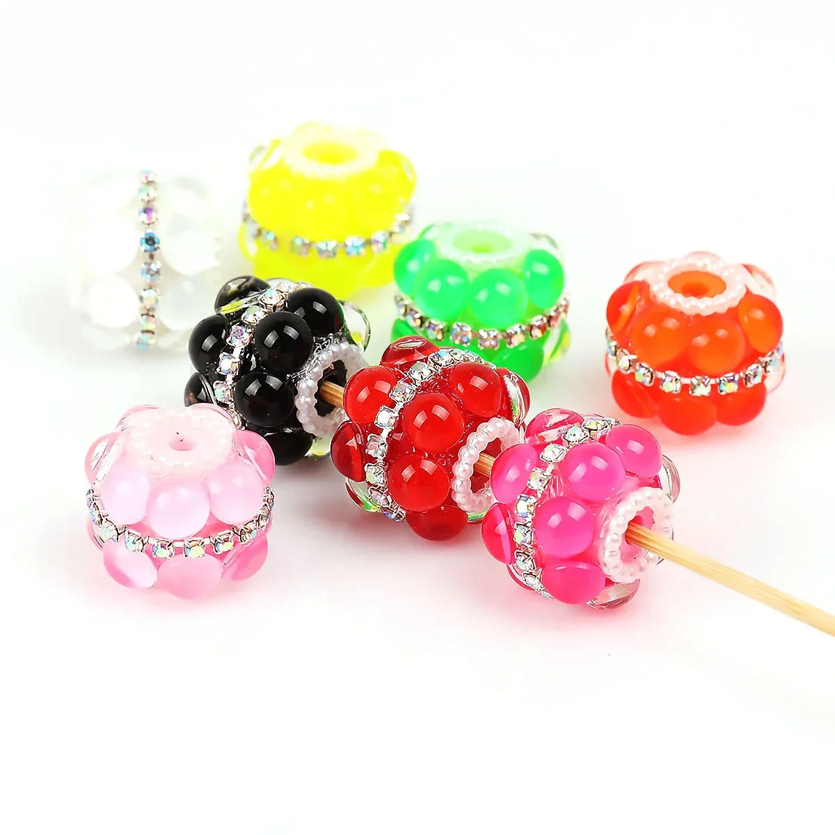 6pcs Random Color Acrylic Flower Beads 18*16mm Rhinestone Trimmed Loose Beads for DIY Handmade Ornament