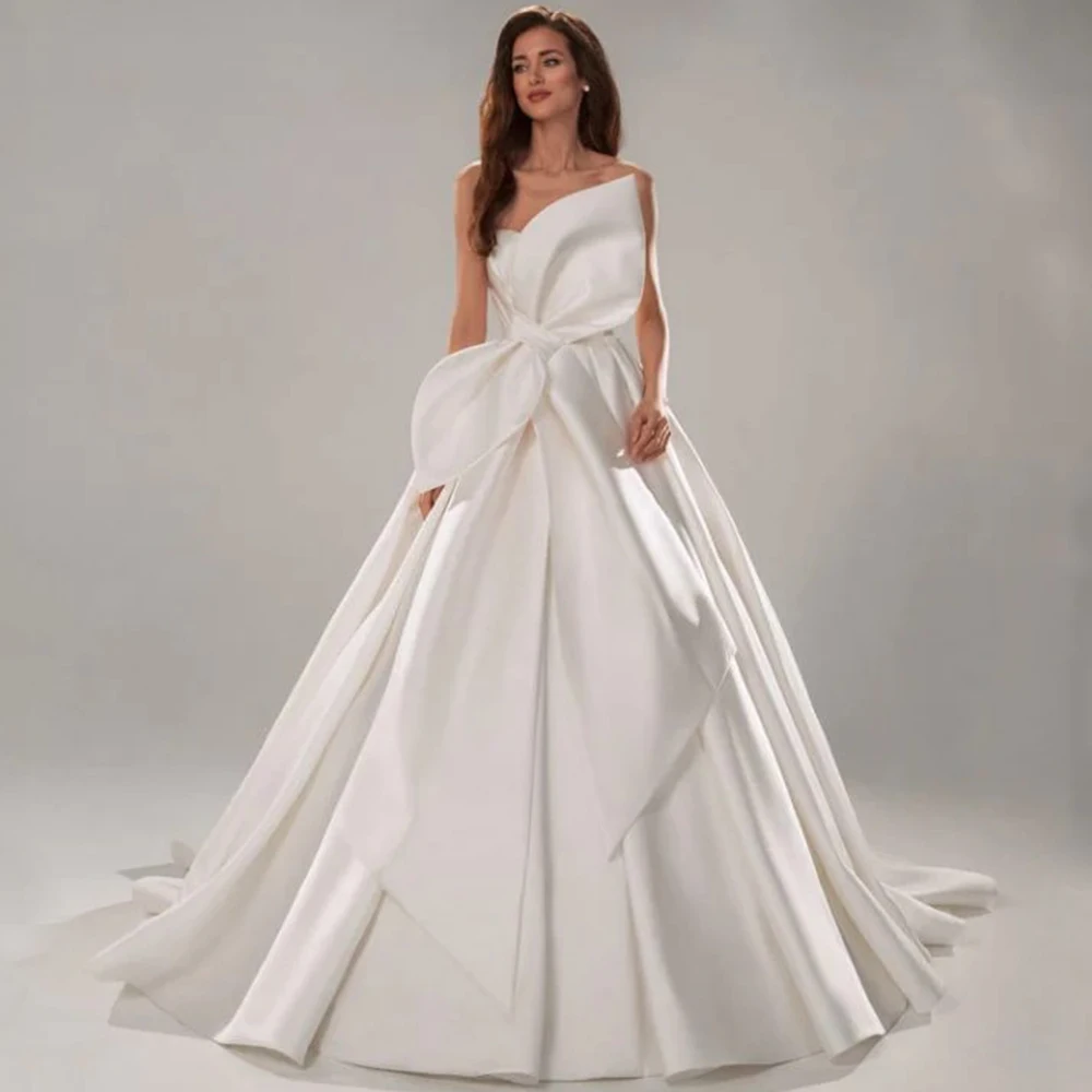 Chic Bow Strapless Wedding Dress Classic A-Line Floor Length Satin Bridal Backless with Sweep Train Sleeveless Civil Bride Gowns