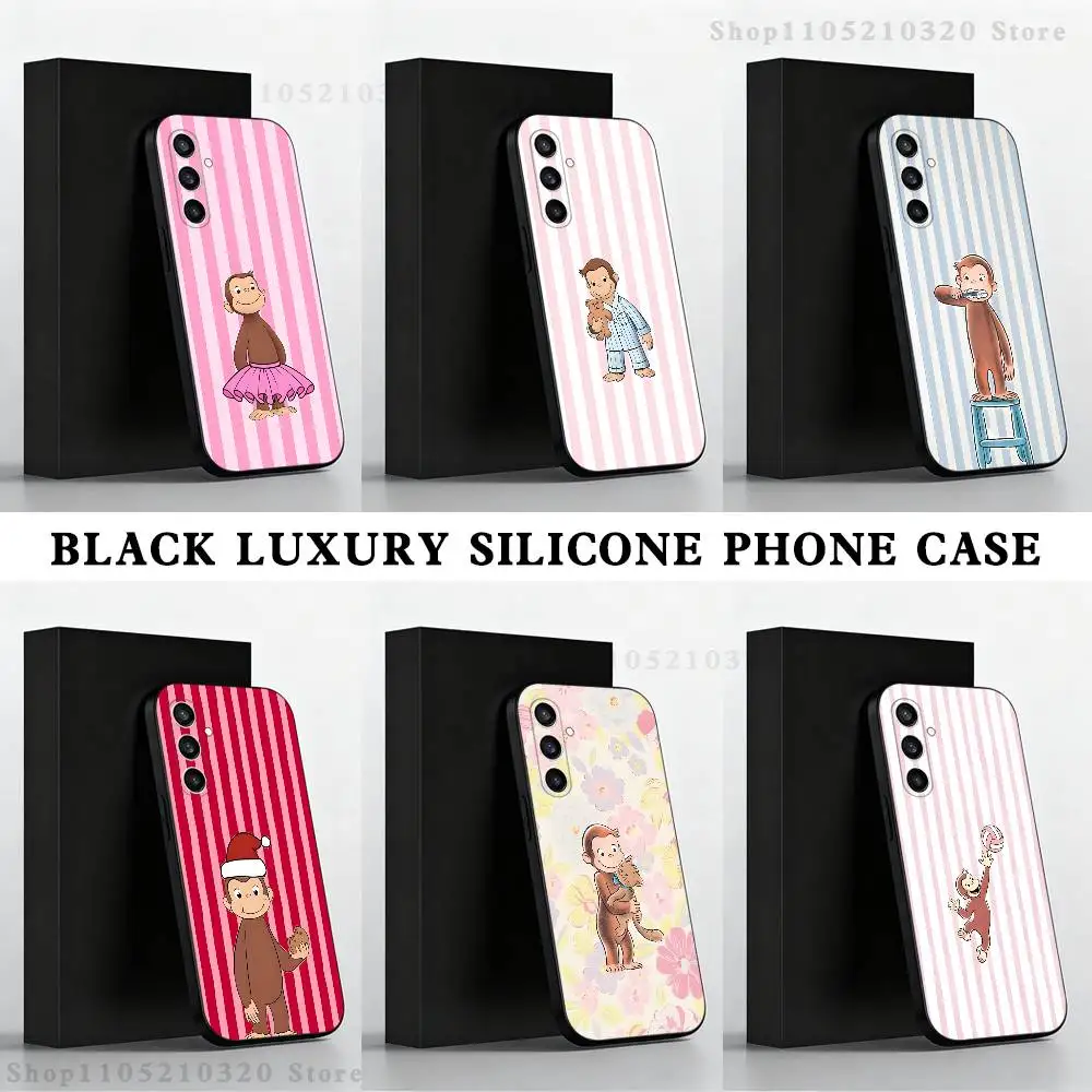 

Curious G-George Monkey Phone Case For Samsung S 25,24,23,22,30,21,10,9,Ultra,Plus,Lite,FE,4,5 G Black Soft Case
