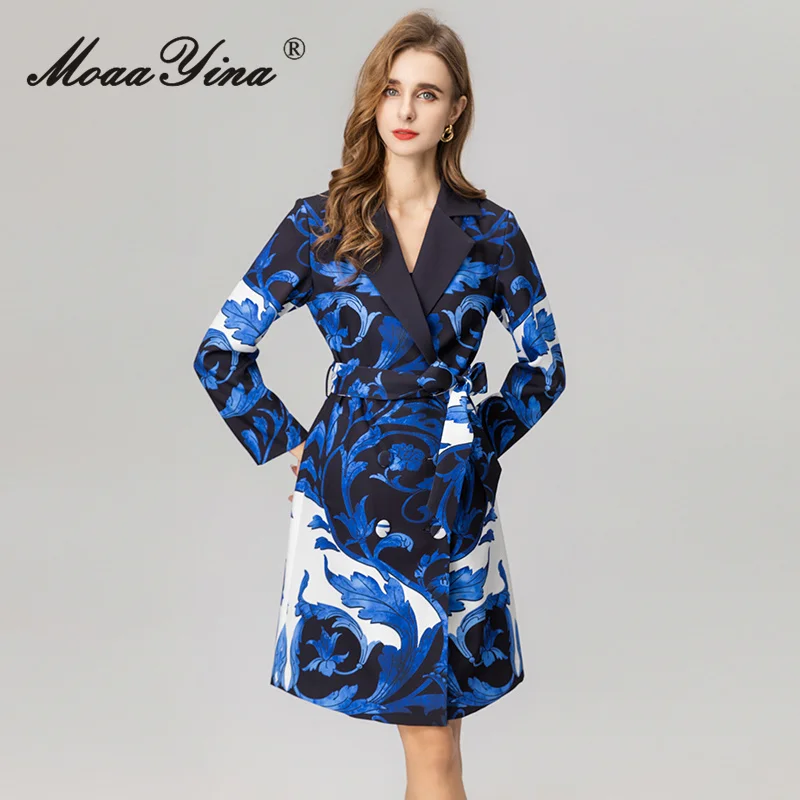 

MoaaYina 2025 Autumn New Fashionable Collar Coat Printed Belt Long Style Temperament Double breasted Windbreaker