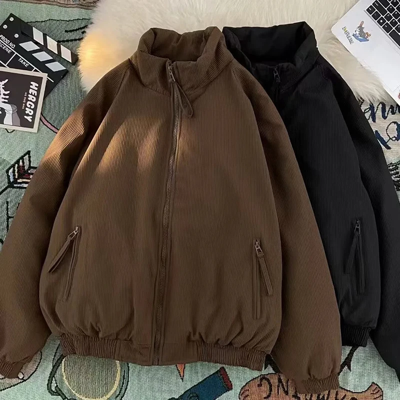 

Winter Corduroy Zipper Parkas Women Thick Warm Stand Collar Vintage Casual Coats Female Long Sleeve Harajuku Simple Outwear New