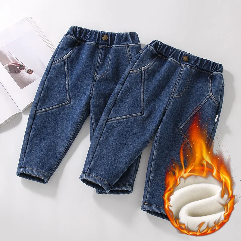 

New Winter Kids Baby Boys Jeans Solid Thicken Warm Toddler Boys Trouser Korean Elastic Waist Fleece Children Boys Demin Pant