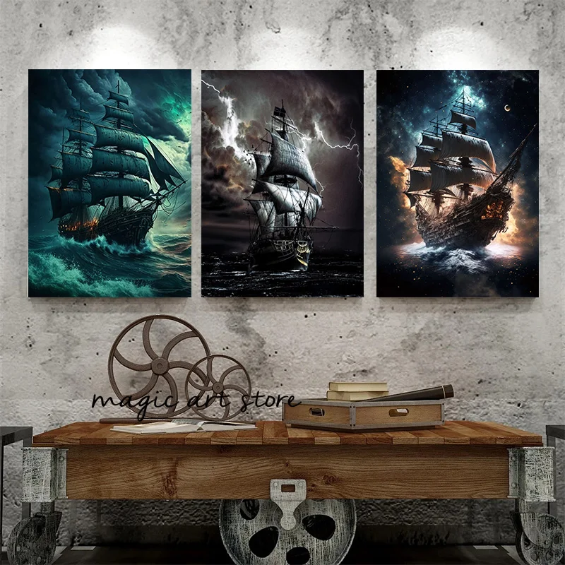 Vintage Priate Ship Sailing Boat Ocean Storm Landscape Art Poster Canvas Painting Wall Prints Picture for Living Room Home Decor