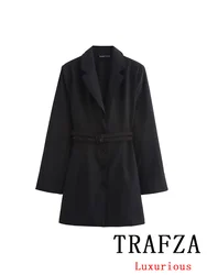 TRAFZA Vintage Casual Chic Women Dress Sashes Long Sleeve Single Breasted Straight Mini Dress Fashion 2024 Autumn Blazer Dress