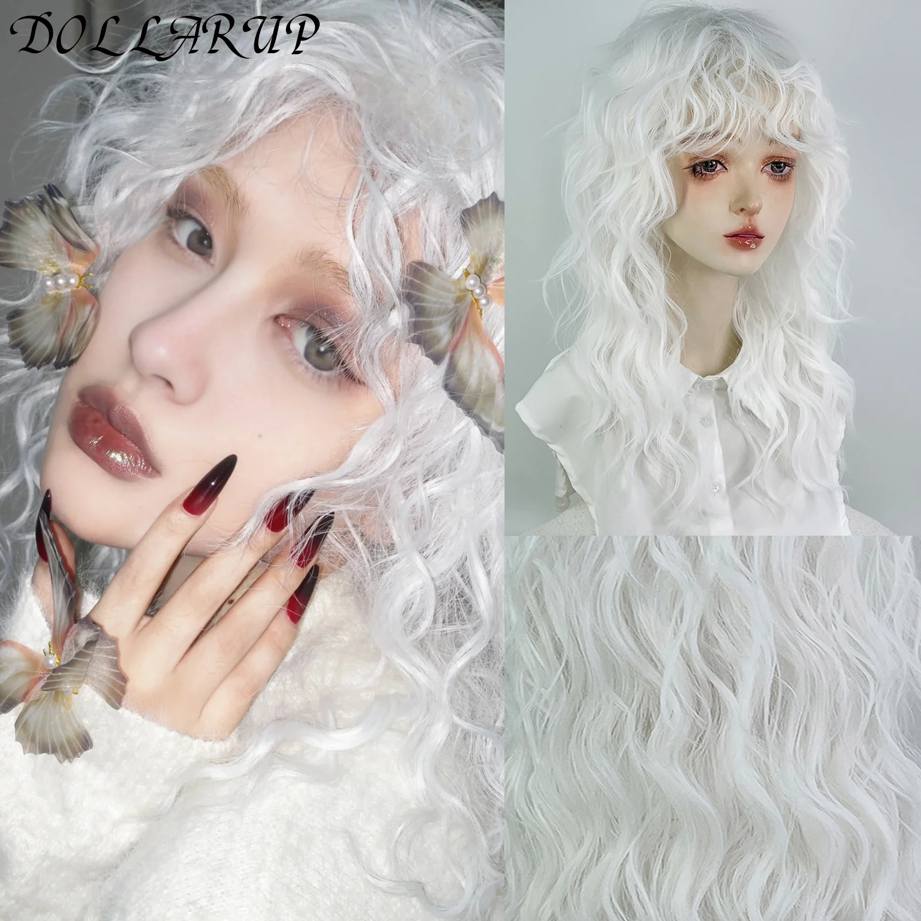 

Synthetic Cosplay Wig Long Curly With Bangs White Wig Pure White Wool Roll Lolita Women Halloween Cosplay Wig Women