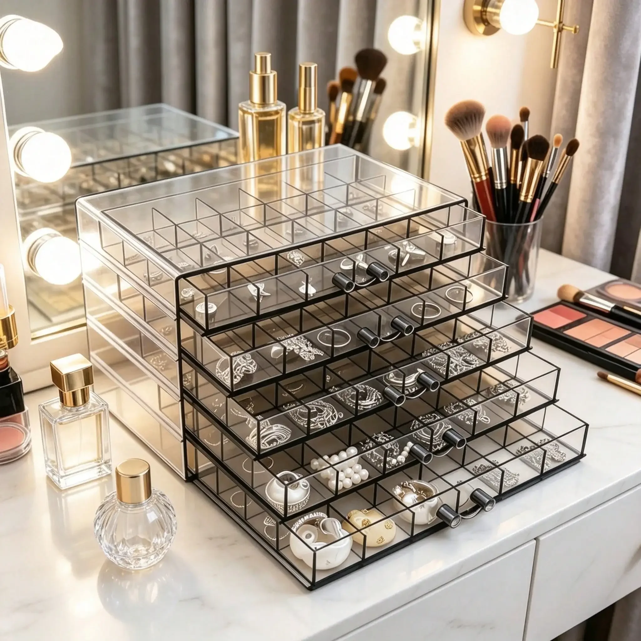 5-Layer Clear Acrylic Jewelry Storage Box With 5 Drawers 120 Grids, Dustproof Vanity Organizer Holder, Large Capacity Storage Case For Earrings Rings Necklaces Bracelets Nail Decorations, Perfect Gift For Ladies Girls