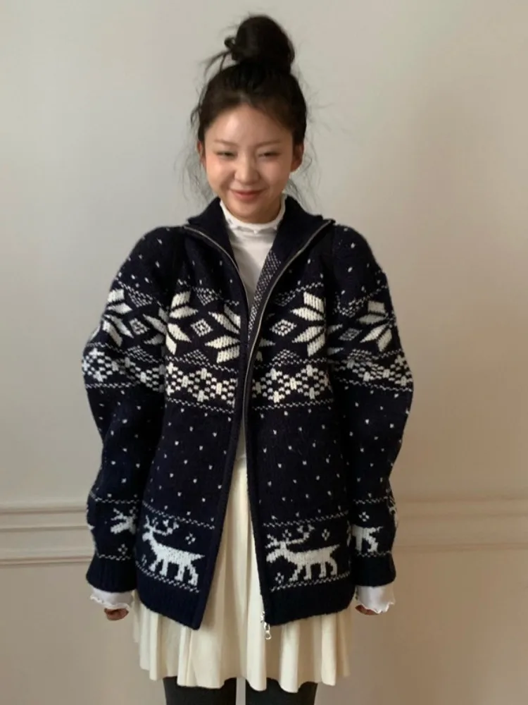 

Retro Lazy Sle Cisas Snowflake Embroidery Color Blo Long Sve Loose Sweater Coat Women Autumn Winter Chic Faion