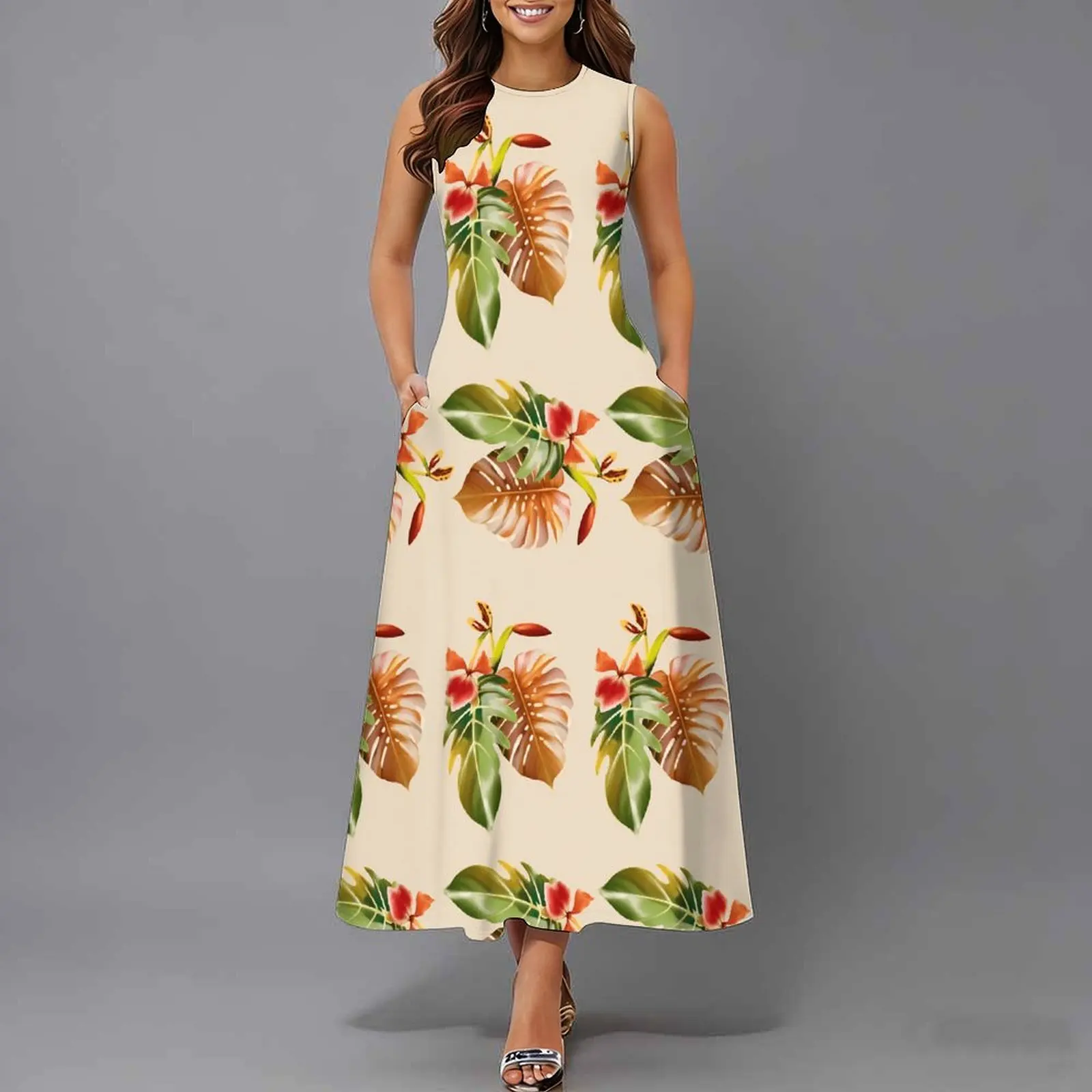 Women Sleeveless Long Maxi Dress With Pockets 3D Oil Painting Print Casual Loose Summer Vacation Party Sundress