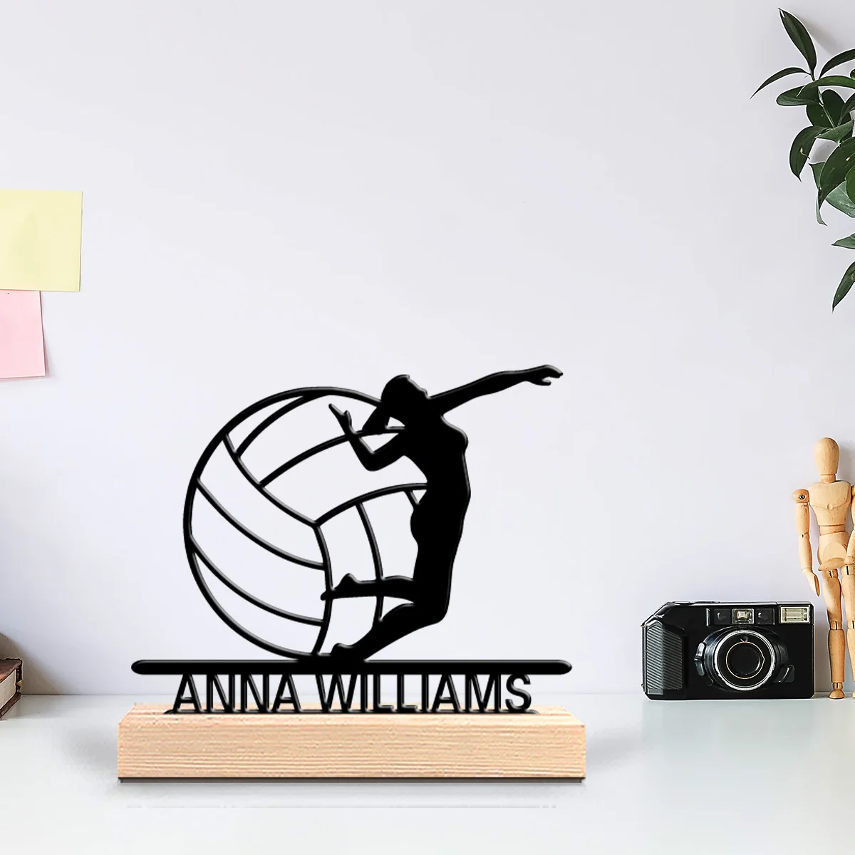 1pc Romantic Personalized Custom Volleyball Metal Statues Sports Enthusiast Gift With Wooden Base Perfect For Bedrooms