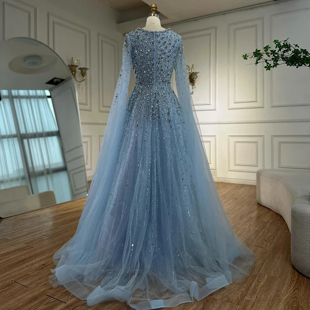 knee length dresses for ladies A Line Long Sleeves Blue Lace Prom Dresses, Long Sleeves Blue Lace For –  jbydress main image 0