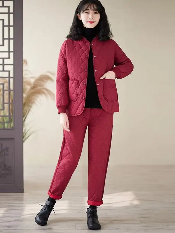 Conjunto de calças e Jaet de algodão Thiened para mulheres de meia-idade outono inverno Faion Outfit longo Sve com fecho de zíper xadrez Pat...