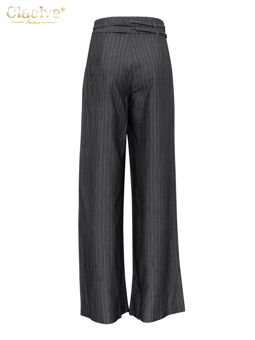 Clacive Fashion Loose Gray Stripe Women\'s Pants 2025 Elegant High Waist Wide Trousers Vintage Classic Full Length Pants Female