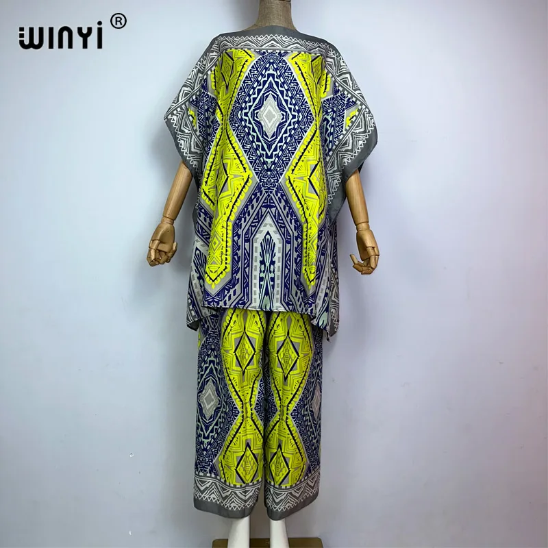 

WINYI summer clothes for women Africa two-piece suit Bohemian Printed loose Dress Elastic Floor Length Fashion Tide pant sets