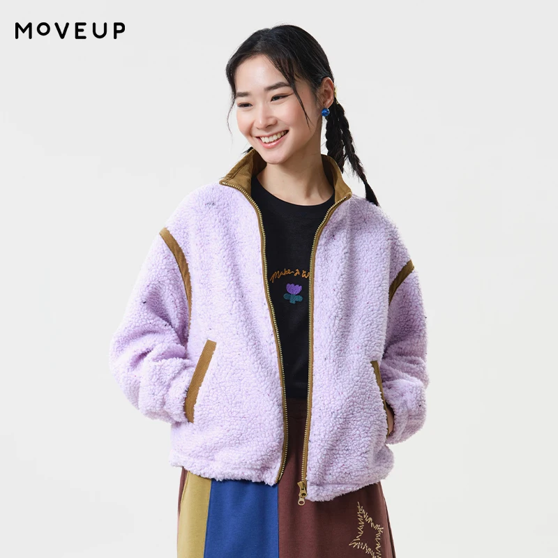 MOVEUP Women's Stand Collar Elastic Cuff Coat 2026 Autumn Dropped Sleeve Pocket Color Contrast Splicing Warm Outerwear 3ELQ10704
