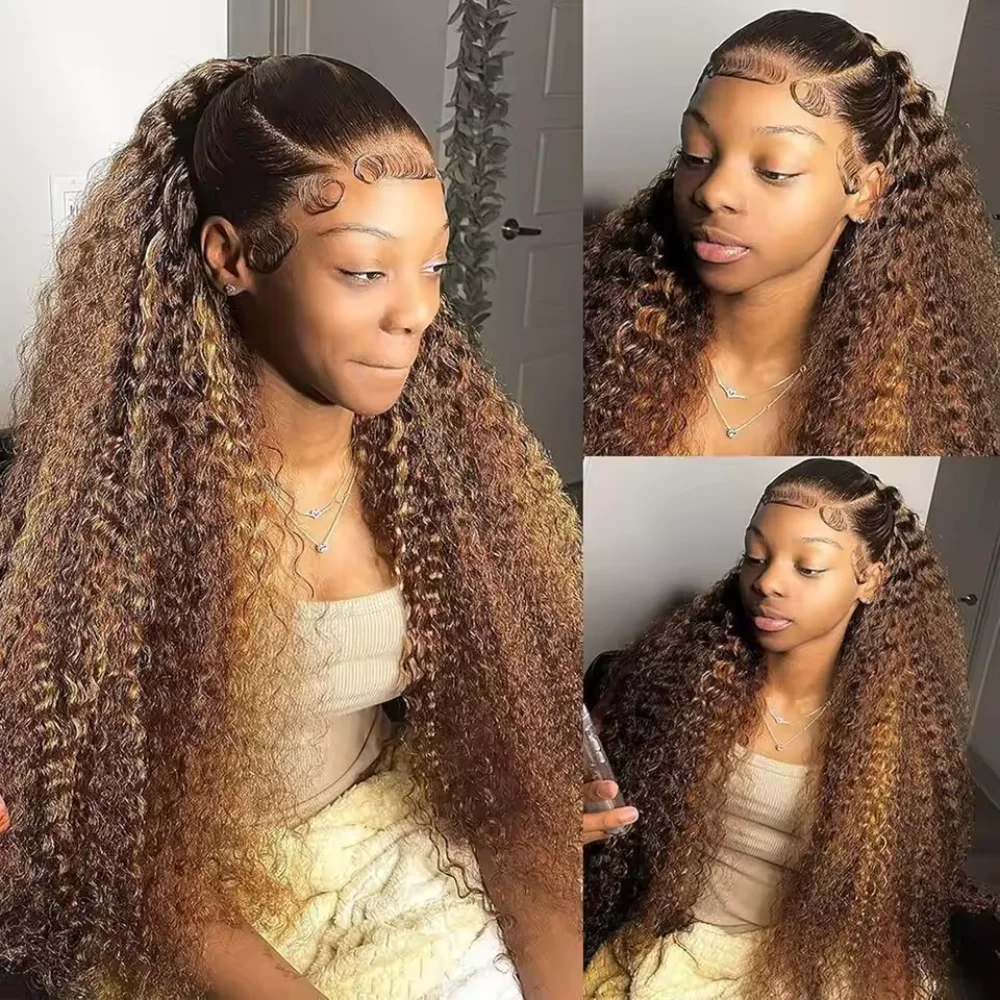 16 34 Inch Curly Highlight Wig 250 Density Human Hair Honey Blonde 13x4 HD Lace Front Deep Wave Brazilian Human Hair For Women