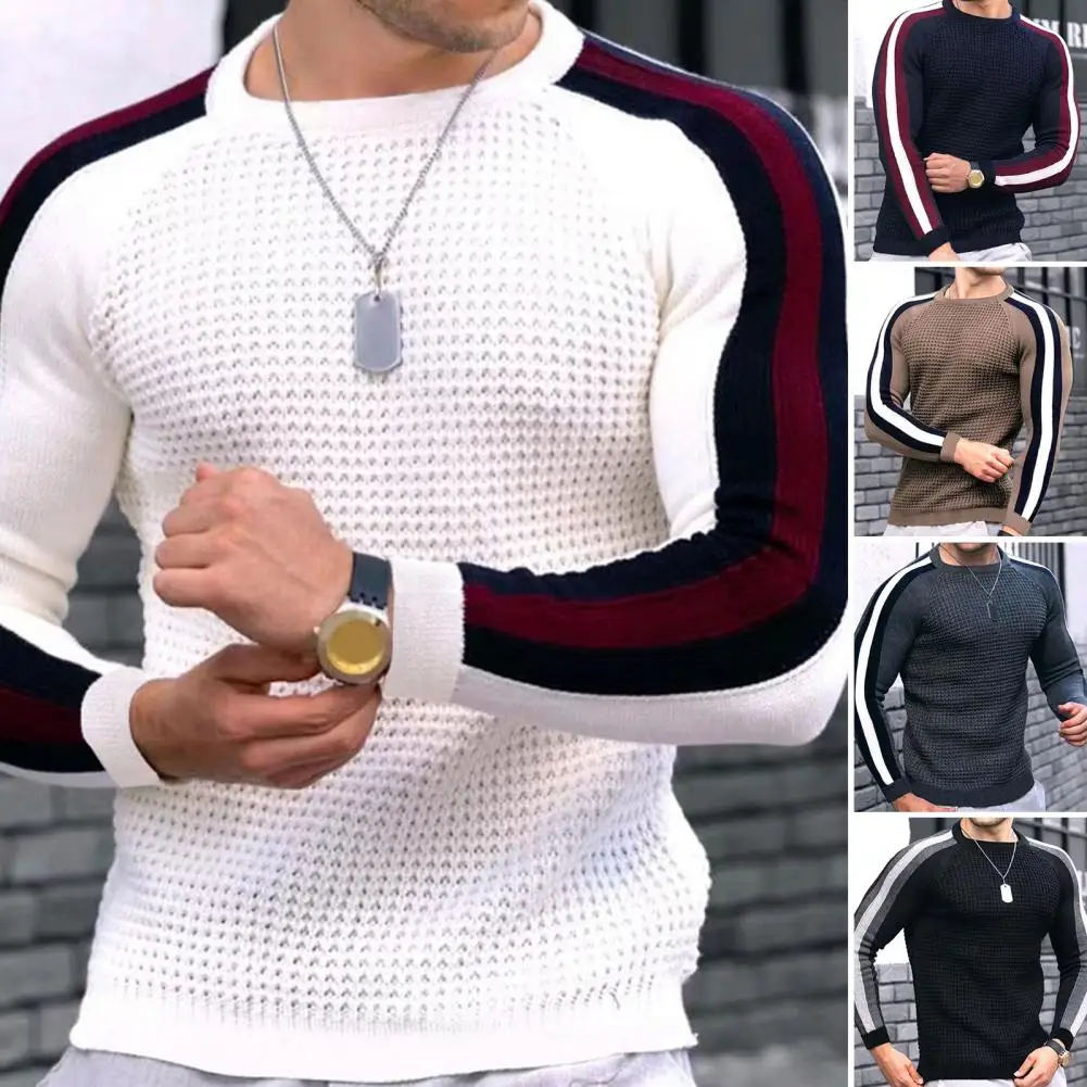 Men\'s Autumn Winter New Waffle Print Pullover Bottoming Shirt Male Color-blocking High-quality Casual Knitted Sweater