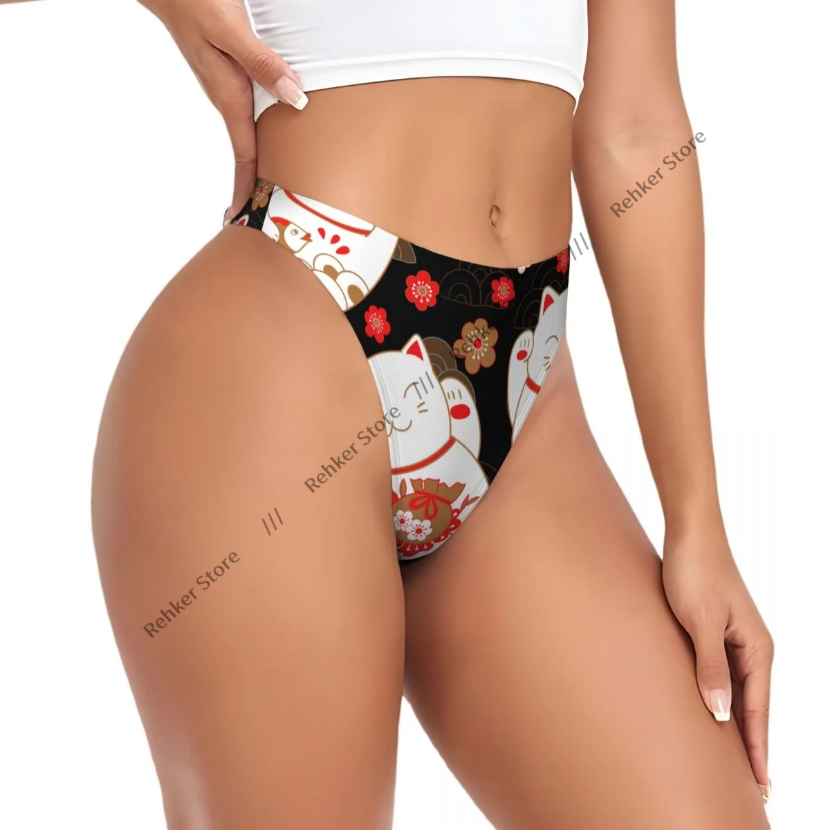 

Women's Panties Cats Maneki Neko Lucky Charms And Sakura Flowers Underwear Sexy Thongs Lingerie G-Strings