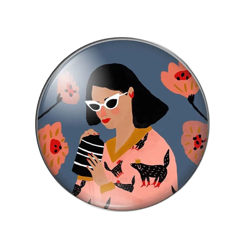 Fashion Woman Girl with Cat Illustration 10mm/12mm/14mm/18mm/20mm/25mm Round photo demo glass cabochon flat back Making findings