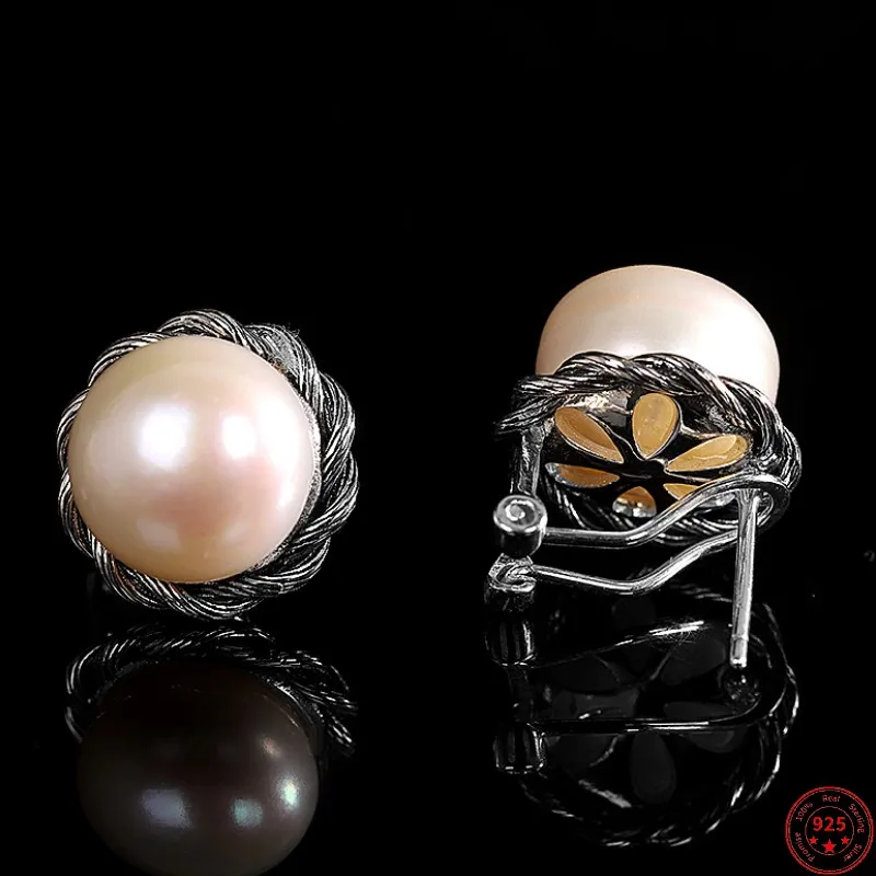

S925 Sterling Silver Studs Earrings for Women Fashion Freshwater Pearl Weaven Argentum Ear-Clip Ethnic Style Jewelry Wholesale
