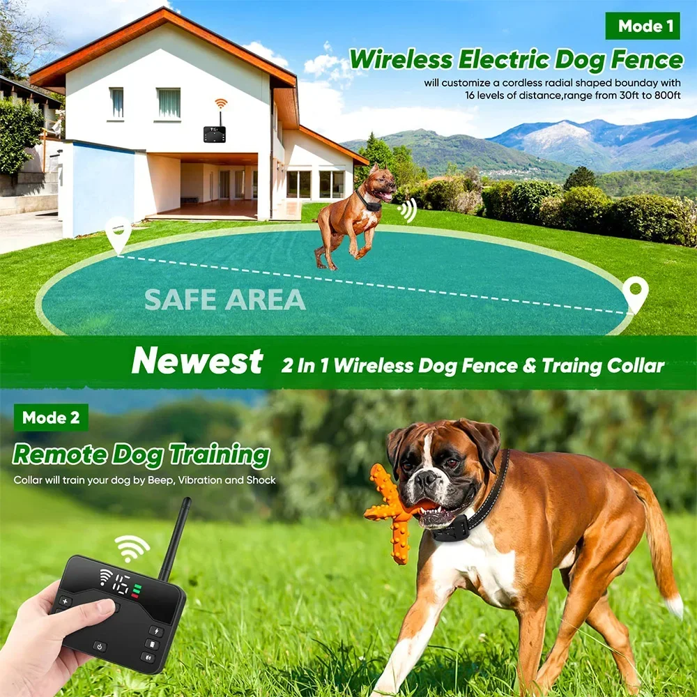 New 2 In 1 Wireless Pet Electronic Fence Smart Bark Stop Collar Waterproof Vibration Collar Automatic Alarm Dog Trainning Device