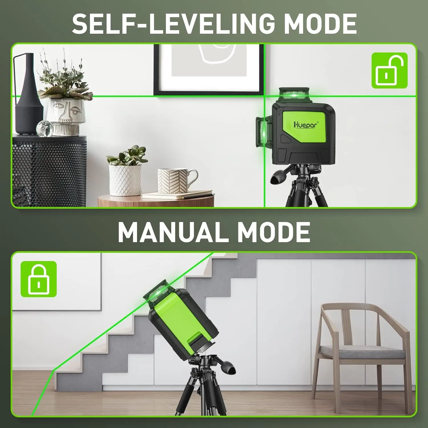 Imagem -03 - Huepar-nível Laser com Modo Pulso Linha Cruzada de 360 ° Ferramenta de Auto-nivelamento Linha Horizontal e Vertical Linhas Osram Green