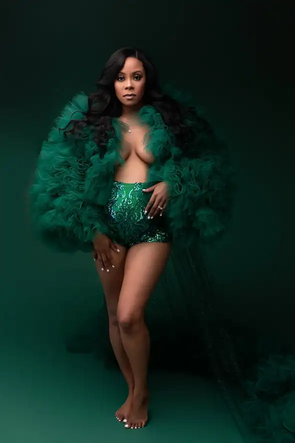 سترة نسائية طويلة من التول بكشكشة خضراء لالتقاط الصور معاطف نسائية ملابس خارجية سترات نسائية