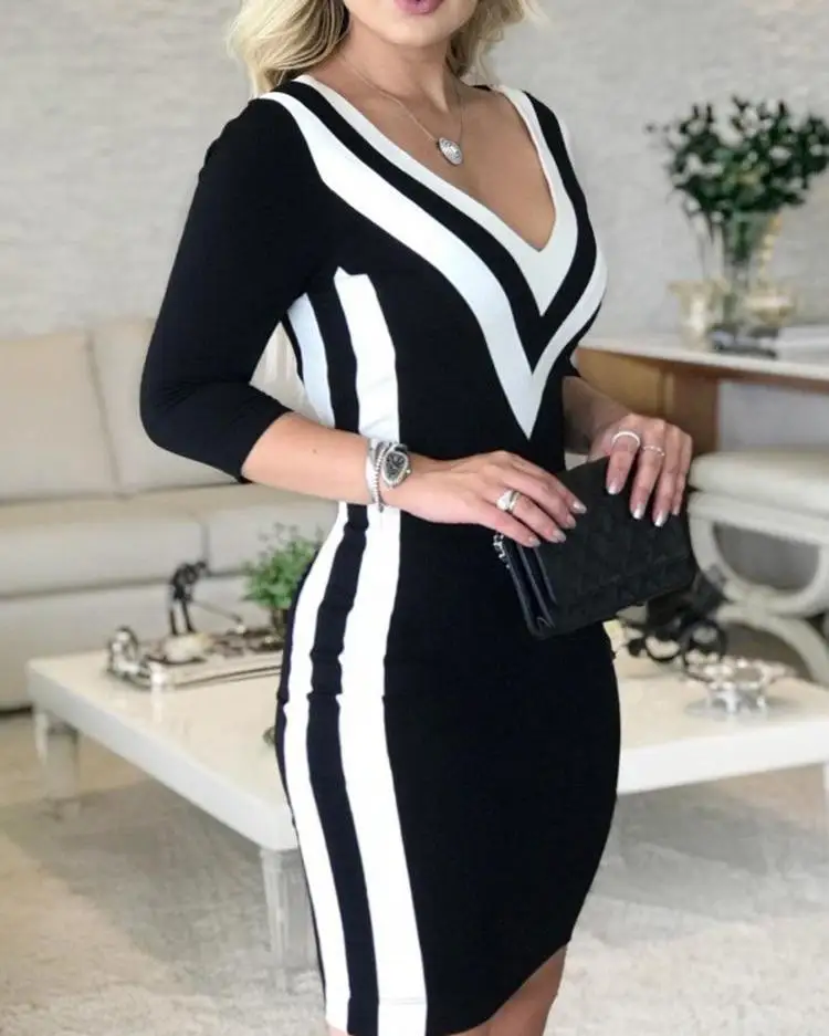 New Strap Metal Buckle Women\'s Midi Dress Knitted Ribbing Long Sleeve V-Neck Female Dresses Solid Slim Party Dress Ladies Clothe