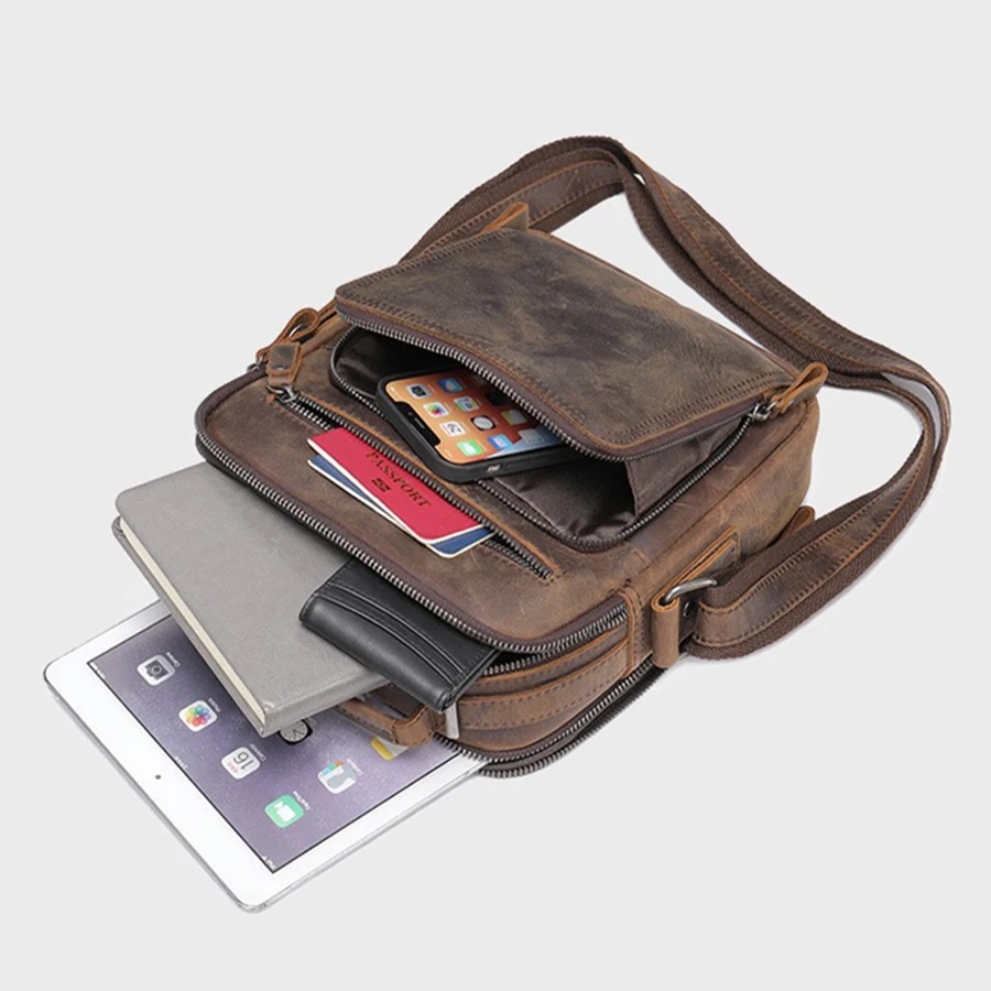 Echte Leder-Umhängetasche für Herren, Casual Herren-Handtasche, Crossbody-Taschen für Arbeit und Business, Vintage Crazy Horse Leder-Schultertasche – Detail 8
