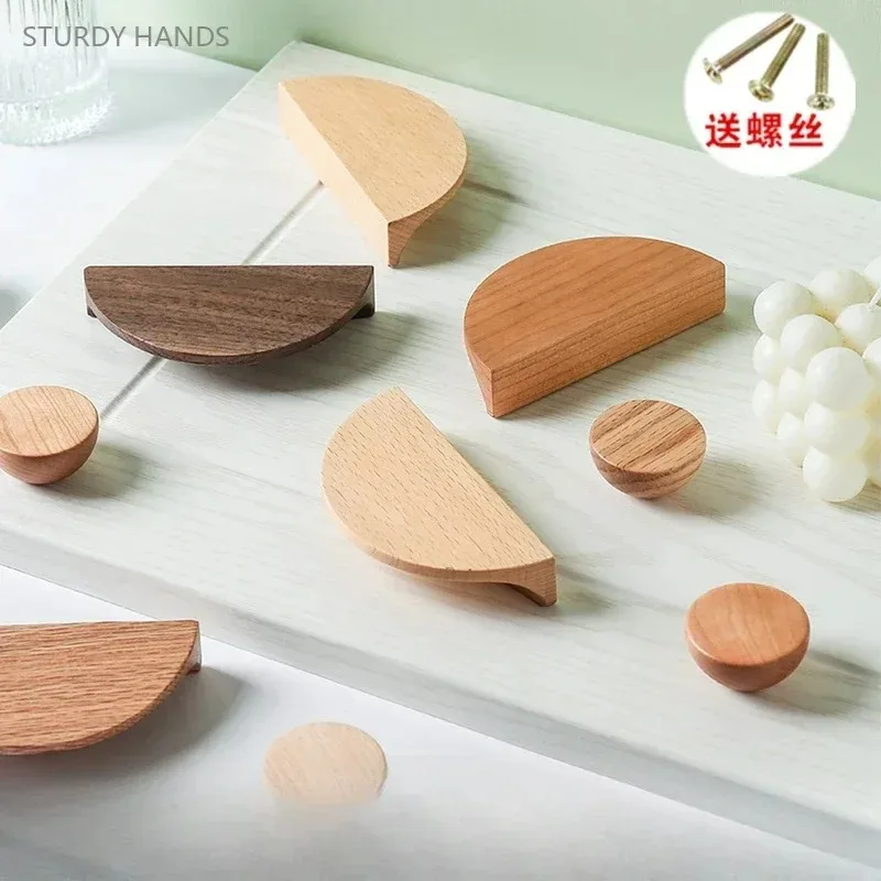 1 set cartoon shaped semi-circular cabinet door solid wood handle Japanese style minimalist wardrobe shoe cabinet drawer handle