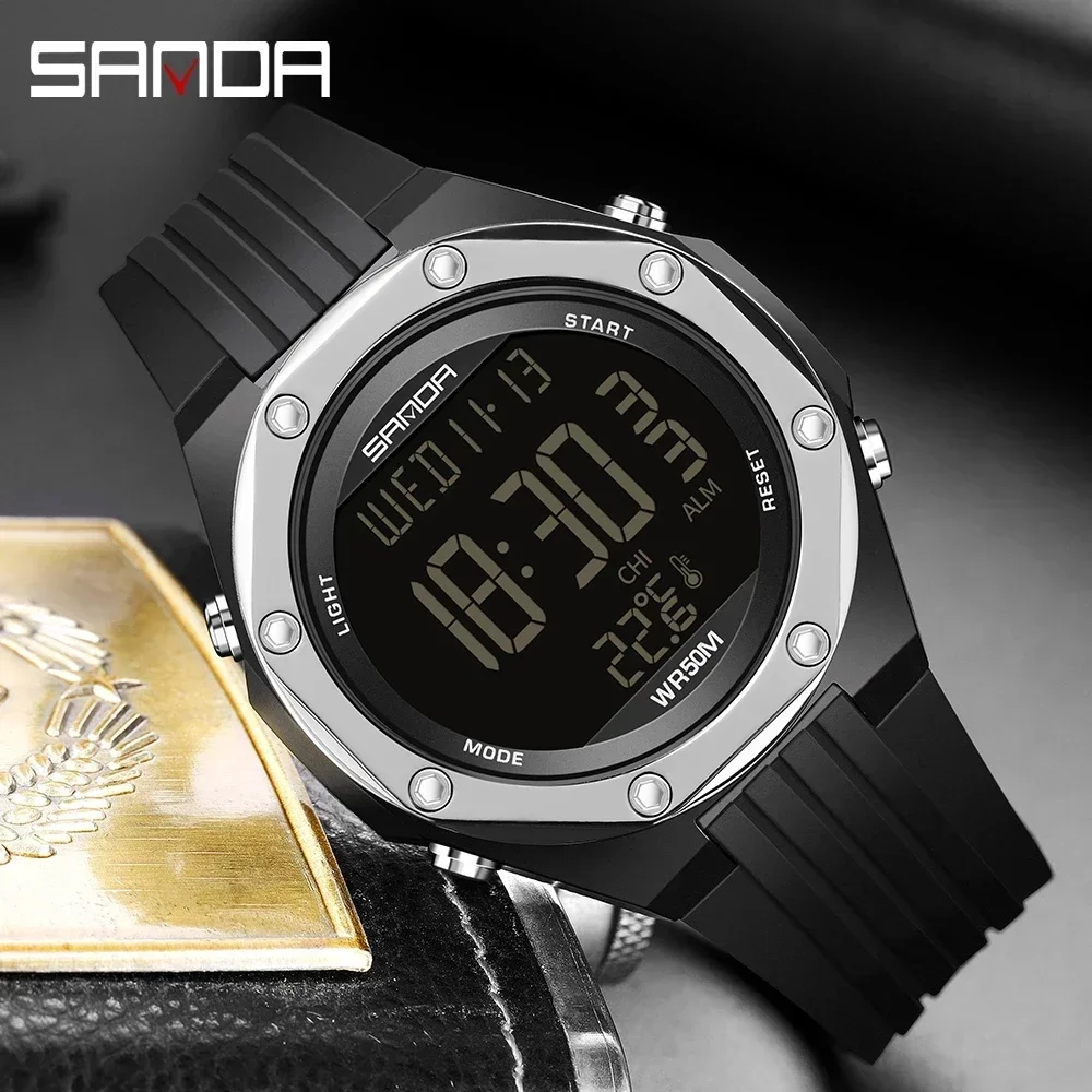 SANDA 6028 New Thermometer Environment Single Core Display Alloy Case Electronic Men's Watch Digital Watch 2024