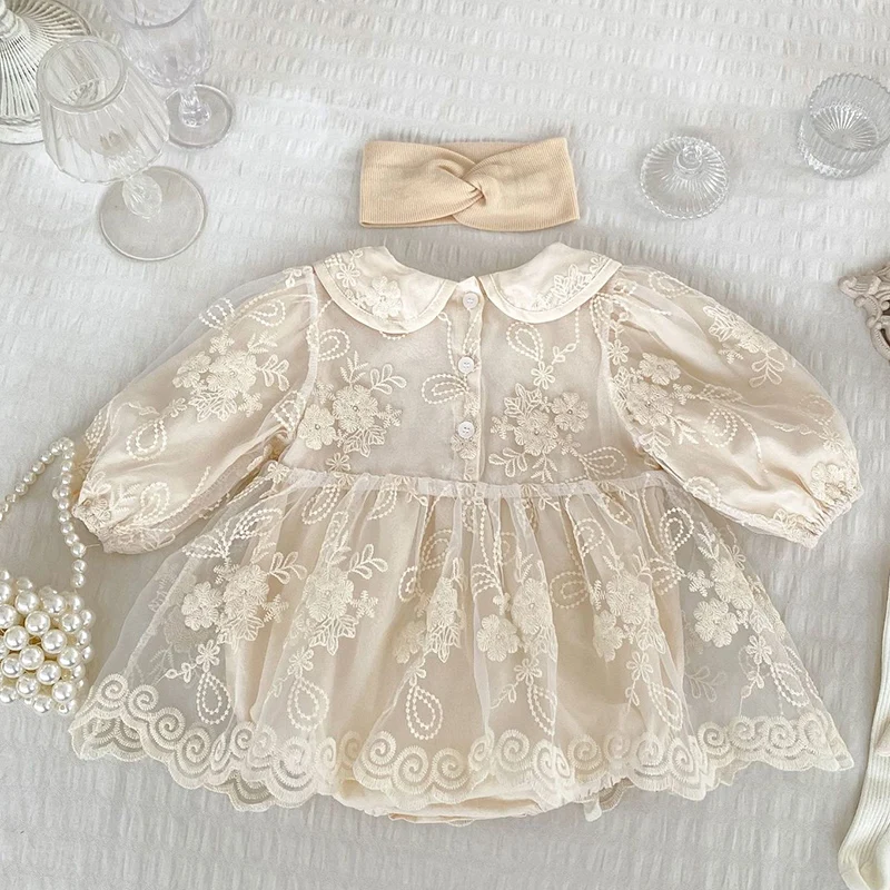 2024 New Autumn 0-24M Baby Clothing Korean Style Climbing Suit Long Sleeved Cotton Lace Splicing Newborn Baby Girls Bodysuits